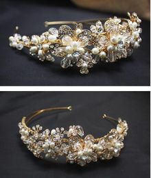 2015 Gold Vintage Bridal Jewelry Headpiece Imitation Pearl Hair Accessories Crystal Hair Band headbands Bridal Crown Tiara Wedding290P