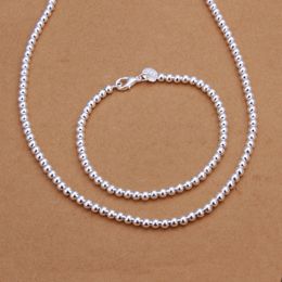 Fashion Jewelry Set 925 Sterling silver plated 4MM beads necklace & bracelet for womanTop quality birthday gift free shipping