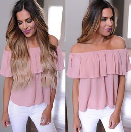 Wholesale- New Women Ladies Clothing Tops Summer Casual Loose Ruffle Off Shoulder Tops Off Shoulder Blouse Clothes Women