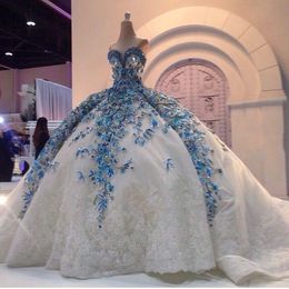 Amazing Arabic Ball Gown Wedding Dresses Blue Floral White Appliques Crystal Beaded With Huge Petticoat Bridal Dress Personalised Strapless