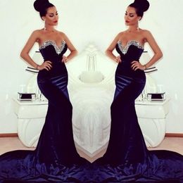 Top Selling 2014 Winter Sweeteart Sequin Evening Dresses Sweep Train Mermaid Prom Dresses Zipper BAck Velvet Navy Blue Prom Dress Plus Size