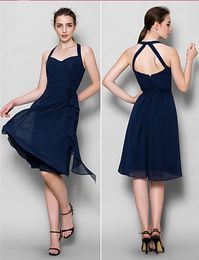 Dark Navy A-line Halter Knee-length Chiffon Sleeveless Popular Convertible Bridesmaid Dress