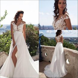 Sexy Illusion Cap Sleeves A Line Wedding Dresses Lace Applique Summer Beach Bridal Gowns Side Split Wedding Dress