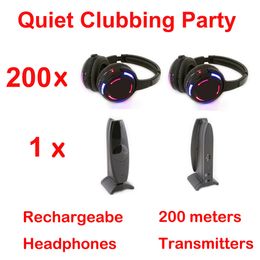 RF Silent Disco Wireless Headphones system Black Led Headsets - Quiet Clubbing Party Bundle 200 Receivers and 1 Transmitters