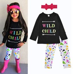 2017 Baby Girls Clothing Sets Spring Autumn Arrow Letter WILD CHILD T-Shirt Triangle Pants Headband 3Pcs Sets Baby Girl Outfits Kids Clothes