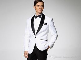 -Stile di estate nuovo camice bianco e revers di raso nero sposo vestire Miglior uomo vestito di nozze (giacca + pantaloni + farfallino)