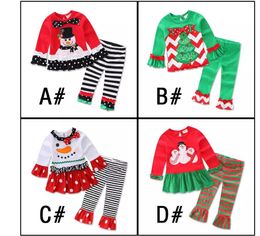 Hot Baby Girl Children Christmas 2pcs Sets Clothes White Sanda Reindeer Tree Dress Striped Ruffle Pants