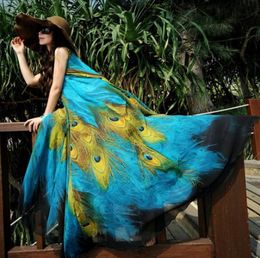 Fashion 2015 Summer New Long Section Chiffon Sleeveless Large Swing Peacock Print Dress Plus Size Bohemian Beach Dress Vestidos FG1511