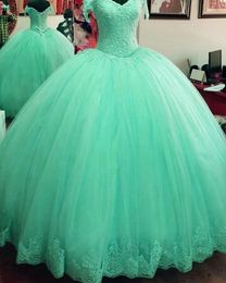 2020 Charming Green Ball Gown Prom Dresses Beaded Lace Appliqued Puffy Tulle Quinceanera Dress Sweet 16 Dresses