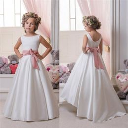 Jewel Sleeveless A Line Satin Ribbon Bow Sweep Train White Ruffle Beautiful Wedding Dresses Flower Girl Dresses