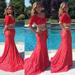 2 piece Red Prom Dress 2016 Mermaid Lace Gowns Crystal Graduation Dresses vestidos de formatura V Neck robe de soiree