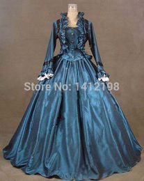 Wholesale-2015 vintage Blue Victorian Dress and Halloween High Quality Handmade Party Dresses Long Sleeve Ball Gown Free Shipping