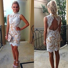 Best Selling Cocktail Evening Gown Party Dress Sheath Column High Neck White Lace Appliques Open Back Short Wedding Party Dresses