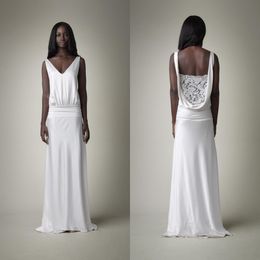 New Drop Waist Wedding Gown Sheath V Neck Sleeveless Draped Back Sheer Lace Formal Long Bridal Gowns