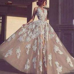 Luxury Prom Dresses Dubai Sheer Neck Sleeveless Lace Applique Champagne Tulle Floor Length Custom Made Evening Gowns Pageant Dresses