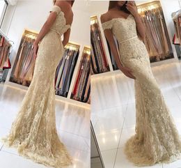 Cheap Sexy Champagne Prom Dresses Sweetheart Off Shoulder Full Lace Beaded Mermaid Party Dress Zipper Back Sweep Train Evening Gowns