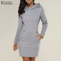 x201711 Vestidos 2017 Spring ZANZEA Women Oversized Casual Straight Solid Dress Ladies Long Sleeve Hooded Pockets Mini Dresses Plus Size