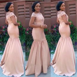 African 2017 Dusty Pink Mermaid Bridesmaid Dresses Long Lace Bateau Capped Sleeve Maid Of Honour Wedding Guest Dress Custom Made EN11303