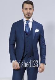 Custom Made Two Button Blue Groom Tuxedos Peak Lapel Groomsmen Best Man Wedding Prom Dinner Suits (Jacket+Pants+Vest+Tie) G5151