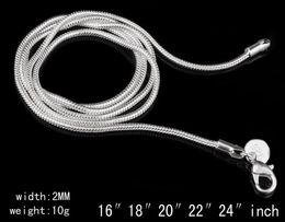 Retail 925 Sterling Silver 2MM Smooth Snake Chain Necklace fit DIY Pendant Necklace 16"/18"/20"/22"/24" Can Mix Size 50pcs/lot