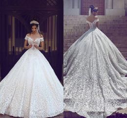 Hot Arabic Wedding Dresses A Line Cap Sleeves Off Shoulder Full Lace Appliques Open Back Chapel Train Plus Size Formal Bridal Gowns