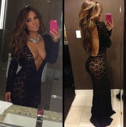 Sexy Black Deep V Neck Prom Lace Gowns Evening Dresses Long Sleeve Backless Celebrity Party Dress gossip girl