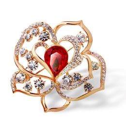 FG New Big Red Crystl In The Heart Full Of Rhinestones Flower Brooch For Wedding Party