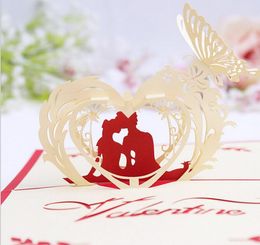 10pcs Hollow Groom Bride Heart Butterfly Kirigami Origami 3D Pop UP Greeting Cards Invitation Postcard For Wedding Party Gift