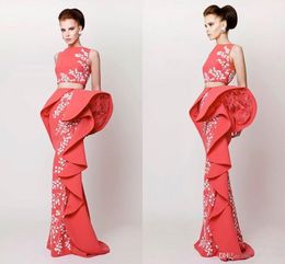 2017 Arabic Evening Dresses Two Pieces Satin Coral Evening Gowns With White Appliques Sheath Peplum Tiered Ruffle Long Prom Dresses