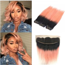 Two Tone 1B Rose Gold Ombre Straight Virgin Hair Bundles With Lace Frontal Closure Dark Roots Brazilian Human Hair Weaves With Lace Frontal
