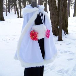 Winter Warm Tied Bow Hooded Faux Fur Knee-Length Wedding Wraps Long Bridal Shrug Fur Shawl Customised Length And Colour