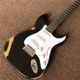 hot selling new arrival electric guitar with Handmade old in dark black color ,with rosewood fingerboard point inlays
