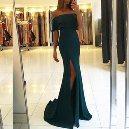 Sexy Elegant Evening Gown Off the Shoulder Ruffles Mermaid Long Formal Prom Party Gowns with Split Custom Made Sweep Train