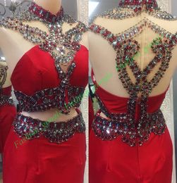 Vestidos de 15 cortos Bling Bling Kristaller ile 2 Parça Kırmızı Mezuniyet Elbiseleri Boncuklu Yüksek Boyun Kısa Pageant Elbise Fermuar Geri Real Resimleri