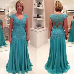 Modest Mother of the Bride Dress V Neck Capped Sleeves Illusion Back Lace Appliques Teal Chiffon Mother's Dresses Evening Party Gowns