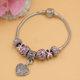 Free Shipping New Arrival Newest Breast Cancer Awareness Jewelry European Charm Heart Charm Bracelets Pink Ribbon Cancer Bracelet Jewelry