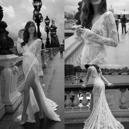 sexy high split mermaid wedding dresses deep v neck backless long sleeve lace appliqued trumpet bridal gowns