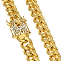 316L Stainless Steel Chain 18K Gold Electroplate Casting Clasp & Diamond Curb Cuban Link Necklace Men Chains Jewellery 24" 30" 14mm