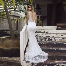 Beautiful Simple Lace Wedding Dresses Mermaid Sexy Low Backless Court Train Sleeveless Bridal Gowns ML9317