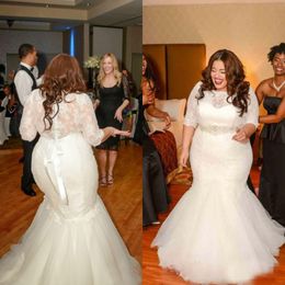 Amazing Plus Size Lace Wedding Dresses Mermaid Trumpet Bridal Gowns with Sheer Bateau Neck Illusion Half Sleeves Beaded Removable Sash