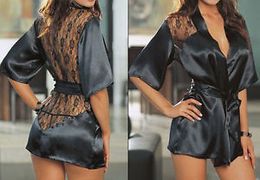 Wholesale-Details about new Sexy Lingerie Satin Lace Black Kimono Intimate Sleepwear Robe Night Gown