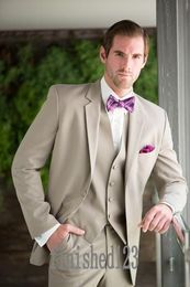 Custom Made Two Button Beige Groom Tuxedos Notch Lapel Groomsmen Best Man Wedding Prom Dinner Suits (Jacket+Pants+Vest+Tie) G5158