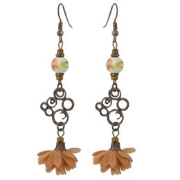 idealway New Vintage Style Copper Alloy Wood Ceramics Beads Flower Dangle Earrings