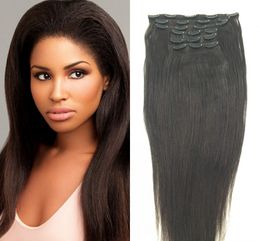 brazilian virgin human clips in hair extensions straight light yaki hair weft natural black color 120g one bundle 7pieces one set