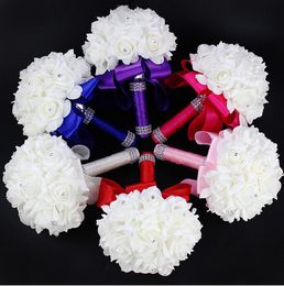 2022 buquê de flores para a formatura 2020 Elegante Rosa Artificial Nupcial Flores Noiva Buquê Buquê de Casamento Cristal Royal Azul Silk Fita Novo Buque de Noiva 10 Cores