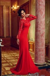 New Arrival Red Sexy Lace Long Sleeves Mermaid Backless Formal Dress Open Back Lace Evening Dresses Long Prom Gowns 2016 Custom Made d034