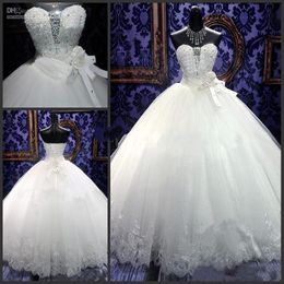 Newest Wedding Dresses Ball Gown Sweetheart Floor Length White Tulle Rhinestones Real Sample Castle Bling Wedding Dresses