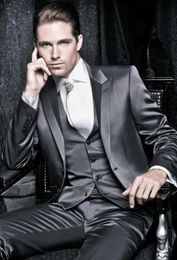 Custom Made Groom Tuxedos Peak Lapel Groomsmens Suit Shiny Gray Best Man/Bridegroom/Wedding/Prom/Dinner Suits (Jacket+Pants+Tie+Vest) K249
