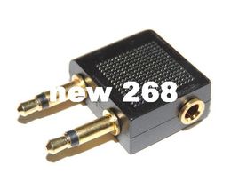 100pcs/lot New Gold 3.5mm To Dual x 3.5mm Aeroplane Airline Headphone Earphone Jack Audio Adapter Black Free Shipping