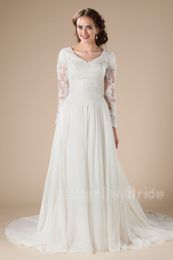 A-line Boho Long Modest Wedding Dresses With Long Sleeves Buttons Back Country Western Lds Bridal Gowns Lace Top Chiffon Skirt